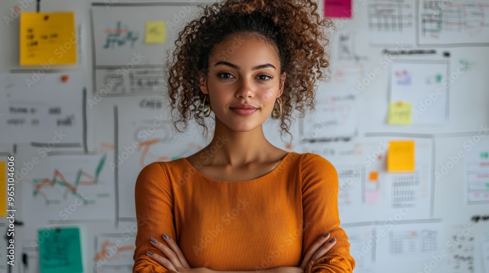 Confident Visionary: A young Black woman, arms crossed, stands before a whiteboard brimming with ideas, embodying entrepreneurial spirit and strategic thinking. Confident Visionary: A young Black woman, arms crossed, stands before a whiteboard brimming with ideas, embodying entrepreneurial spirit and strategic thinking.