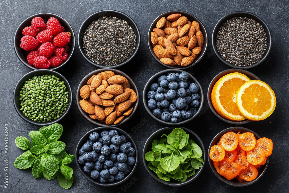 A variety of healthy foods in bowls, perfect for a nutritious meal. A variety of healthy foods in bowls, perfect for a nutritious meal.