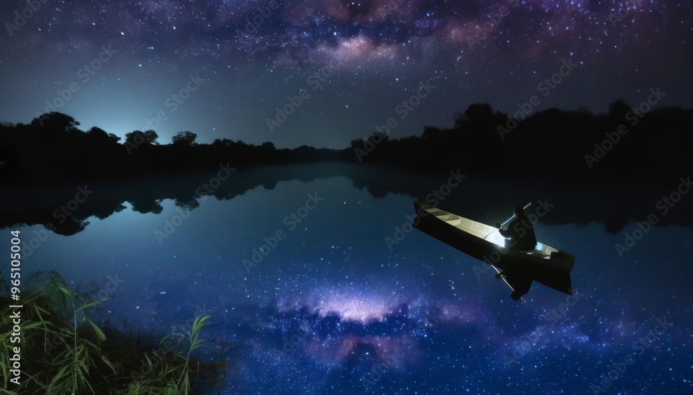 A nighttime scene featuring a canoe on a starlit pond with the Milky Way reflecting in the water. A nighttime scene featuring a canoe on a starlit pond with the Milky Way reflecting in the water.