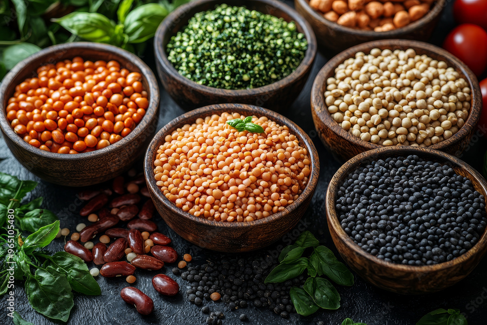 Assortment of lentils in wooden bowls on a dark background. Assortment of lentils in wooden bowls on a dark background.