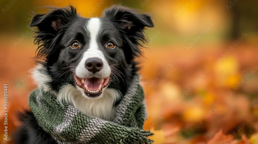a black and white border collie dog wearing a green scarf in an autumn park a black and white border collie dog wearing a green scarf in an autumn park