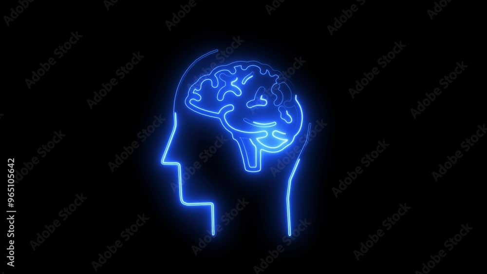 Glowing Neon Brain Outline in Human Head Silhouette, Futuristic AI Concept, Mental Health, Cognitive Technology Glowing Neon Brain Outline in Human Head Silhouette, Futuristic AI Concept, Mental Health, Cognitive Technology