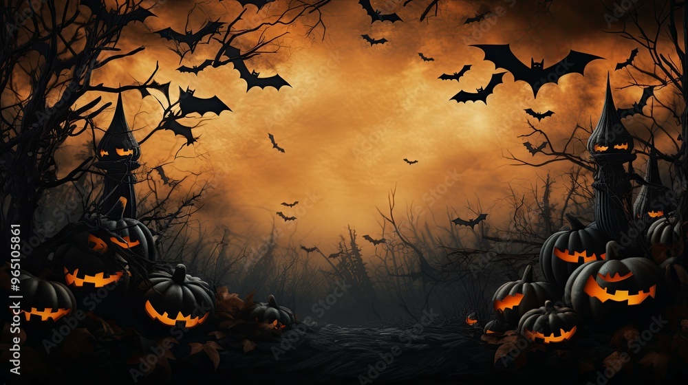 Halloween Jack-o'-Lanterns in a Spooky Forest Halloween Jack-o'-Lanterns in a Spooky Forest