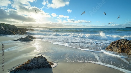 a sunny beach with waves crashing on the rocks and flying seagulls in the distance, professional photograph, F/22, Light Mode, HDR, UHD, 64K, AI Generative photo