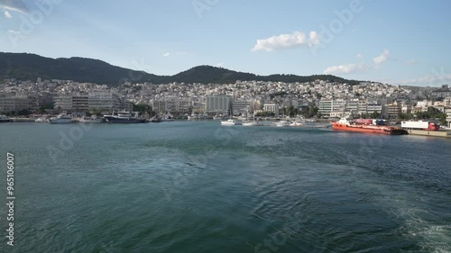 View of Kavala, Kavala Fortress and port from from upper deck of ferry leaving port, Kavala, Bay of Kavala, Aegean Sea, Greece, Europe photo