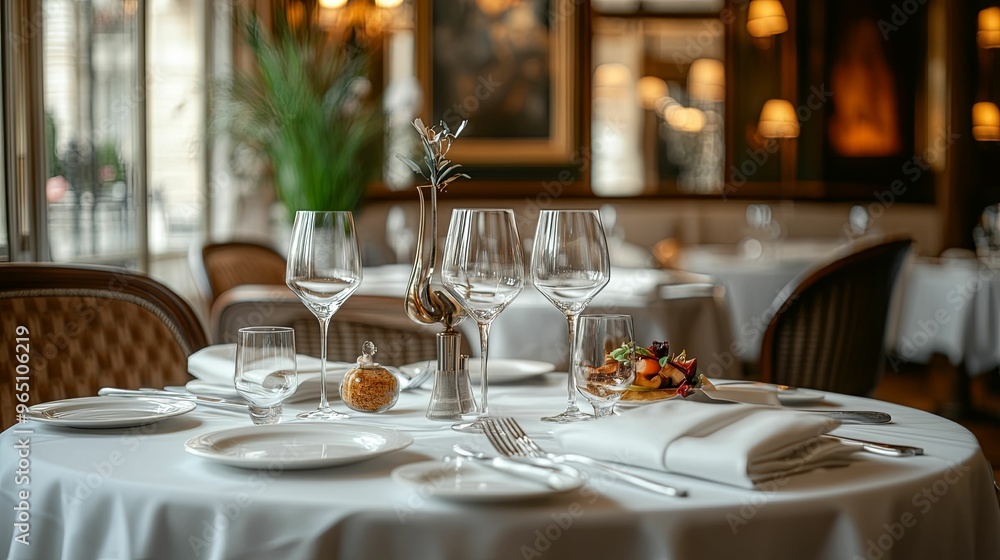Elegant Table Setting with Wine Glasses and Silverware in a Restaurant Elegant Table Setting with Wine Glasses and Silverware in a Restaurant