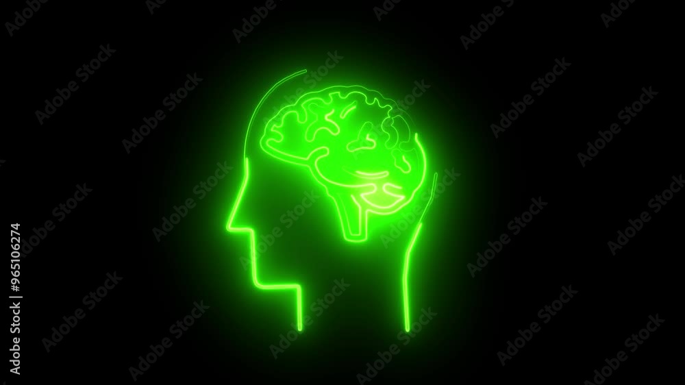 Glowing Neon Brain Outline in Human Head Silhouette, Futuristic AI Concept, Mental Health, Cognitive Technology Glowing Neon Brain Outline in Human Head Silhouette, Futuristic AI Concept, Mental Health, Cognitive Technology