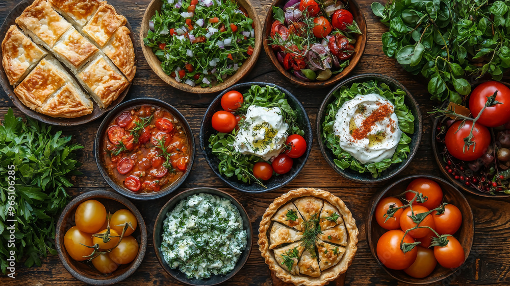 A rustic table spread with a variety of savory dishes, featuring fresh tomatoes and herbs. A rustic table spread with a variety of savory dishes, featuring fresh tomatoes and herbs.