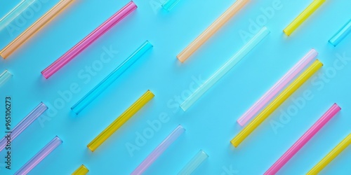 Colorful Glass Straws in Abstract Vibrant Pattern on Light Blue Background