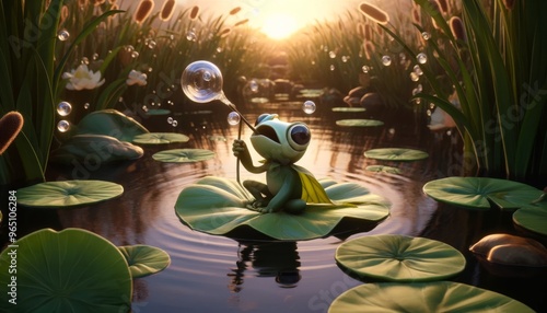 A whimsical, animated character similar to a leaf frog, blowing bubbles through a hollow reed while sitting on a lily pad. photo