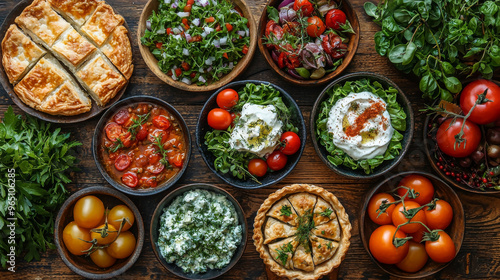 A rustic table spread with a variety of savory dishes, featuring fresh tomatoes and herbs.