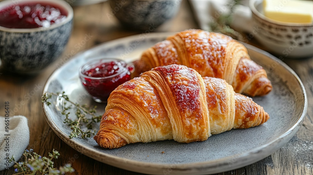 Two Golden Croissants on a Grey Plate with a Jar of Red Berry Jam Two Golden Croissants on a Grey Plate with a Jar of Red Berry Jam