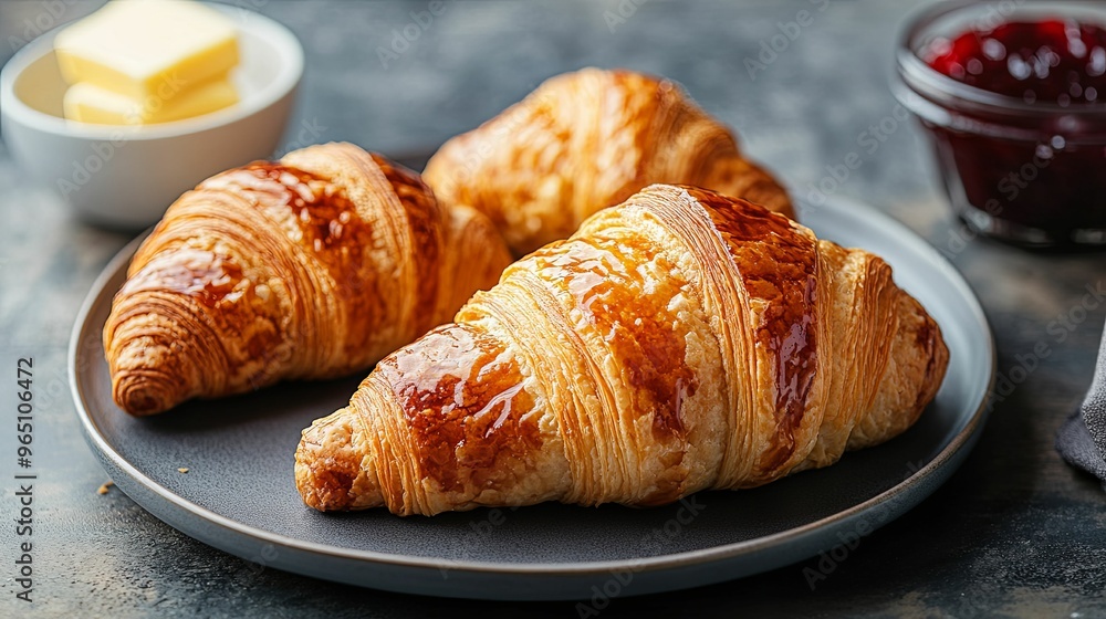 Freshly Baked Croissants on a Black Plate Freshly Baked Croissants on a Black Plate