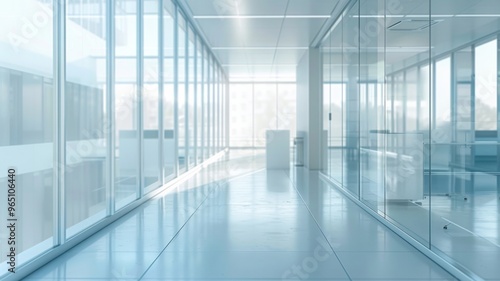 A widescreen, three-dimensional image of a modern office background with even fewer furniture and shelves, AI Generative