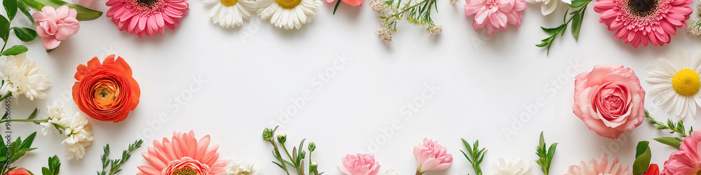 Fototapeta premium A vibrant arrangement of flowers, including gerbera daisies and roses, creates a charming border on a light background, ideal for creative projects, copy space, banner