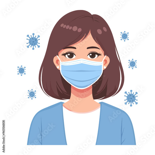 Woman Wearing Disposable Medical Face Mask flat cartoon vector