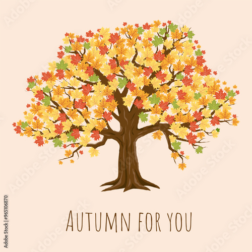 Trendy Autumn Greeting Card. Modern Fall Poster in Flat style. Minimalism Art Design Holiday Covers, Banner with autumn maple tree, leaves, trendy typography. Concept for website, social media, sale.