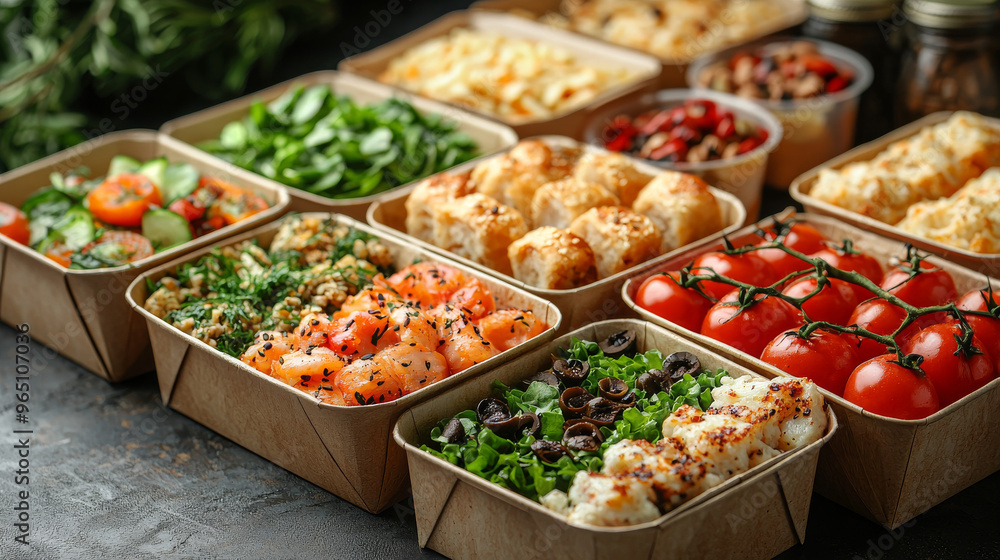 Various pre-made salads in containers ready to eat. Various pre-made salads in containers ready to eat.