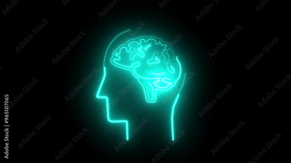 Glowing Neon Brain Outline in Human Head Silhouette, Futuristic AI Concept, Mental Health, Cognitive Technology Glowing Neon Brain Outline in Human Head Silhouette, Futuristic AI Concept, Mental Health, Cognitive Technology