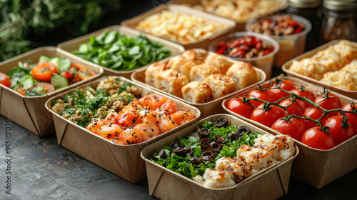 Various pre-made salads in containers ready to eat.