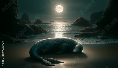 A serene selkie resting on a quiet, moonlit shore.