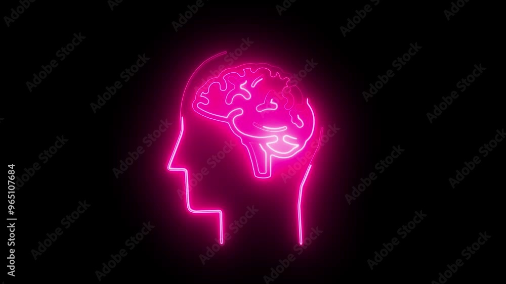 Glowing Neon Brain Outline in Human Head Silhouette, Futuristic AI Concept, Mental Health, Cognitive Technology Glowing Neon Brain Outline in Human Head Silhouette, Futuristic AI Concept, Mental Health, Cognitive Technology