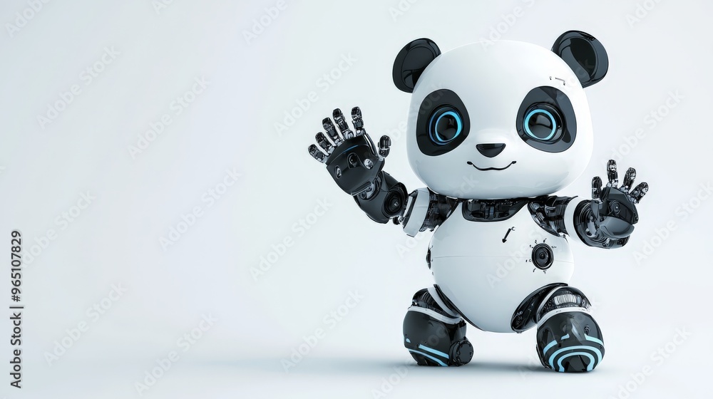 a cute panda looking robot waving - isolated on studio background a cute panda looking robot waving - isolated on studio background
