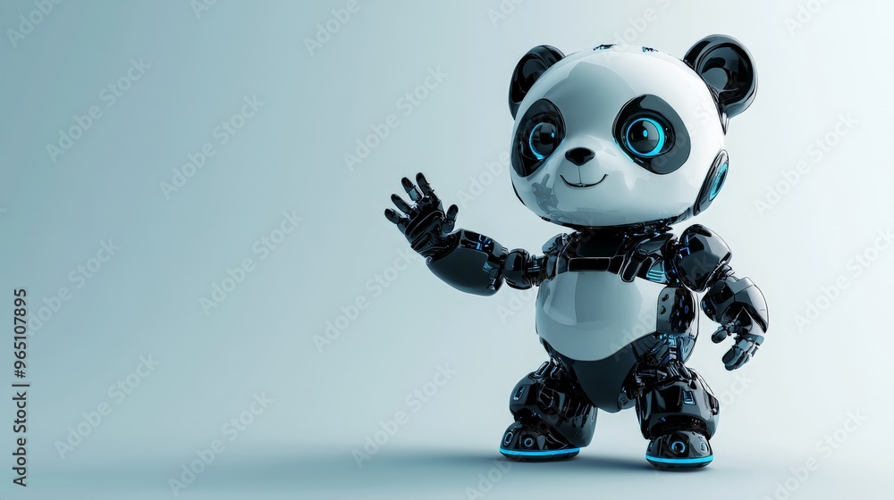 a cute panda looking robot waving - isolated on studio background a cute panda looking robot waving - isolated on studio background