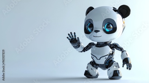 a cute panda looking robot waving - isolated on studio background