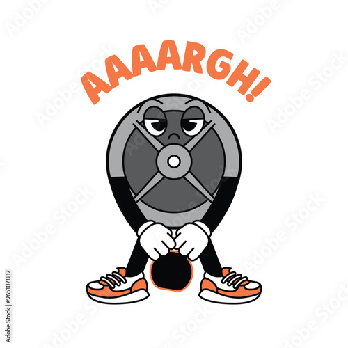 Gym Dumbbell retro mascot with hand and foot doing fitness. Retro cartoon stickers with funny comic characters and gloved hands. Kettlebell, dumbbell, fitness, gym, exercise Retro Mascot.