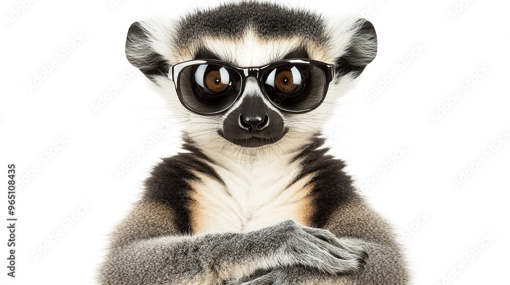 Full-length portrait of a young furry lemur wearing sunglasses, showcasing a playful and stylish look. The image captures the lemur's youthful energy and distinctive personality, Full-length portrait of a young furry lemur wearing sunglasses, showcasing a playful and stylish look. The image captures the lemur's youthful energy and distinctive personality,