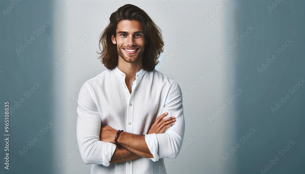 A confident, smiling person with long, wavy hair, wearing a white button-down shirt, standing with arms crossed against a solid light gray background. A confident, smiling person with long, wavy hair, wearing a white button-down shirt, standing with arms crossed against a solid light gray background.
