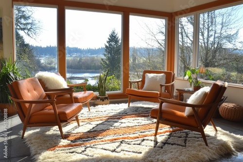 Cozy living room with large windows and scenic view.