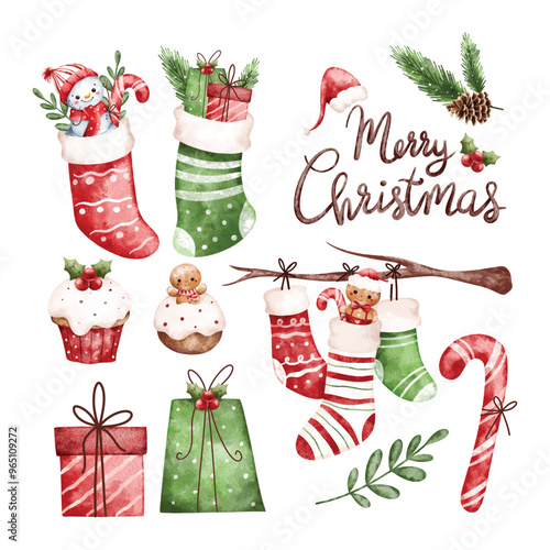Watercolor Illustration Set of Christmas Elements