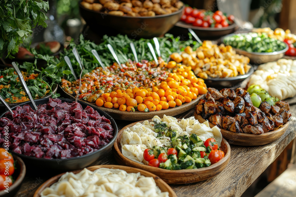 A delicious spread of food on a wooden table. A delicious spread of food on a wooden table.