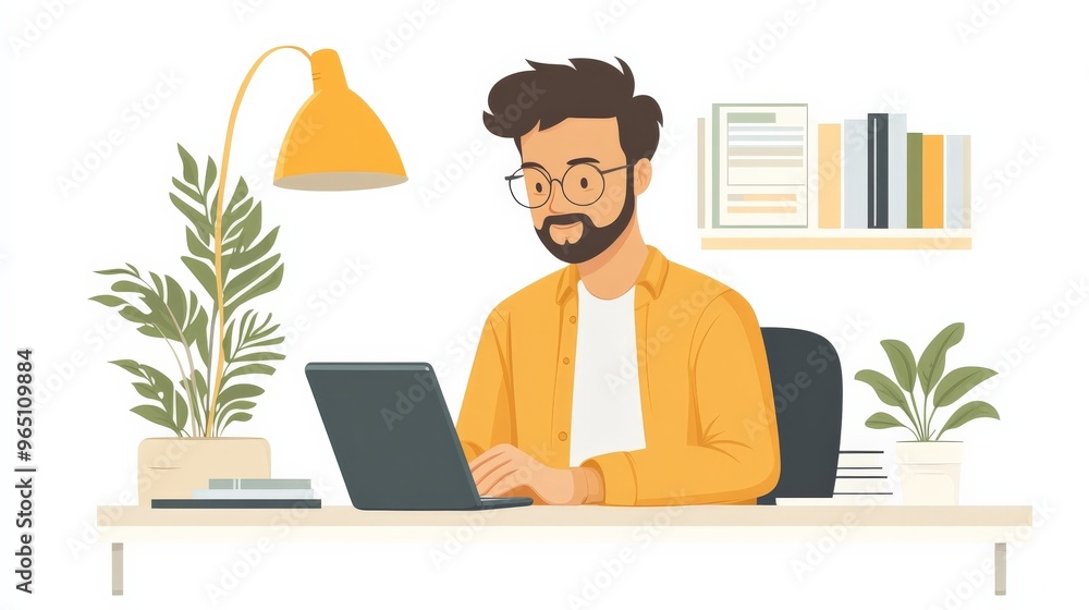 Focused Work: Man Working On Laptop in Home Office Focused Work: Man Working On Laptop in Home Office