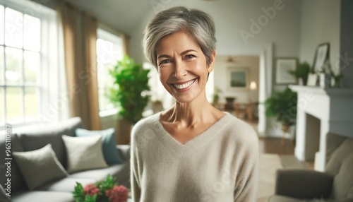 A joyful older woman with short gray hair and a bright smile, standing in a cozy living room with a large window and plants in the background.