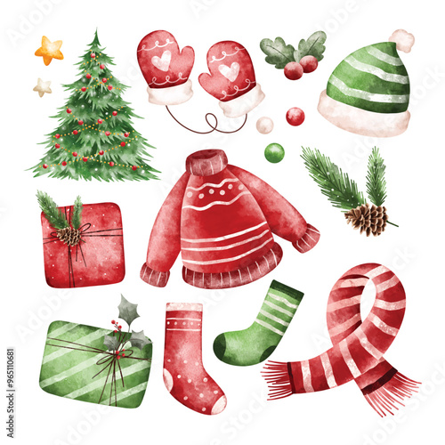 Watercolor Illustration Set of Christmas Elements