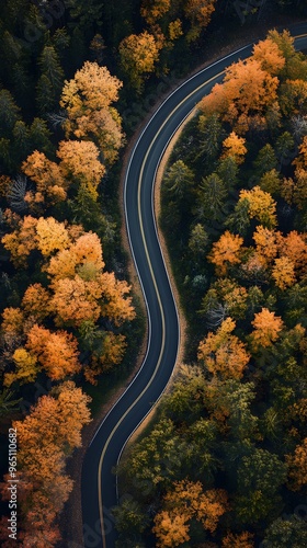 Aerial View of Winding Road Through Autumn Forest photo