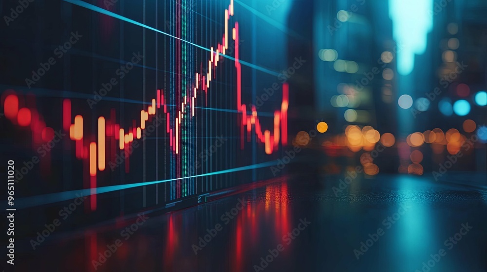 Red Stock Chart Displayed Against City Lights Red Stock Chart Displayed Against City Lights