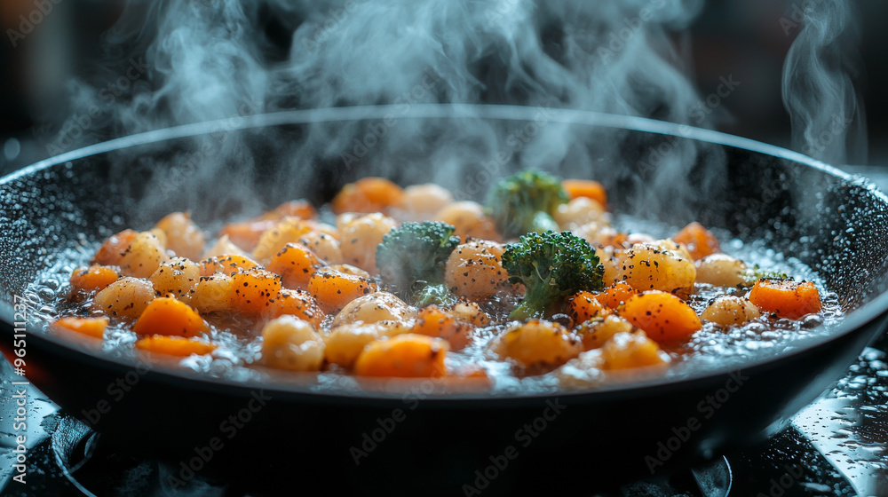 Gnocchi, carrots, and broccoli simmering in a pan. Gnocchi, carrots, and broccoli simmering in a pan.