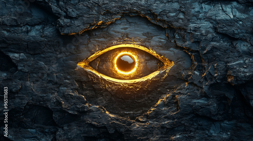 Glowing golden eye symbol set against a textured black surface with cracked details photo