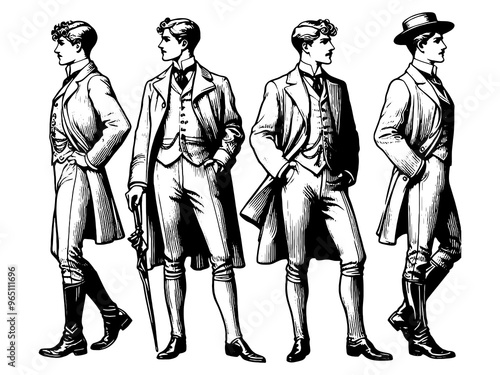 Vintage illustration of men in 19th-century fashion attire. Raster, generative ai.