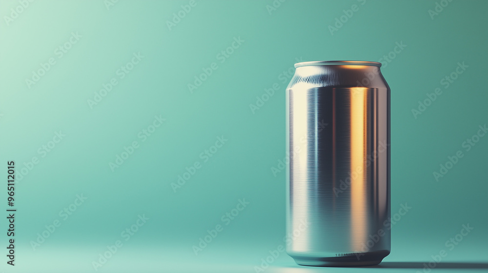 Simple clean image of a blank silver can against a minimalist teal background Simple clean image of a blank silver can against a minimalist teal background