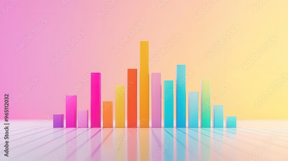 Fototapeta premium Vibrant graph bars display colorful data visualization against a soft gradient background, ideal for modern design and marketing.