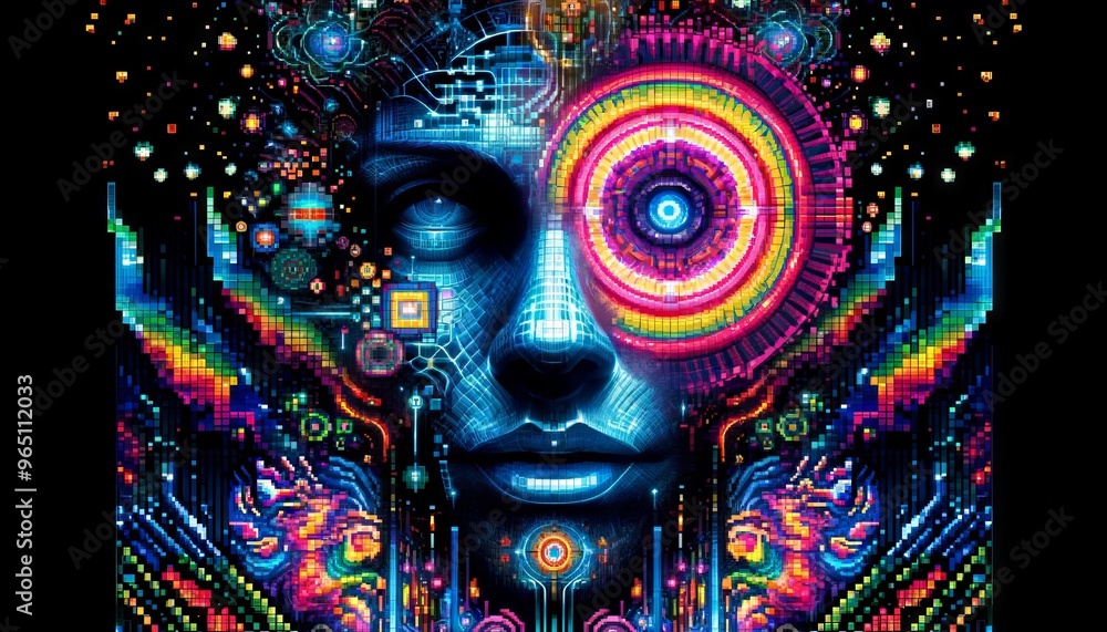 A detailed, close-up image of a digitally enhanced face surrounded by ...