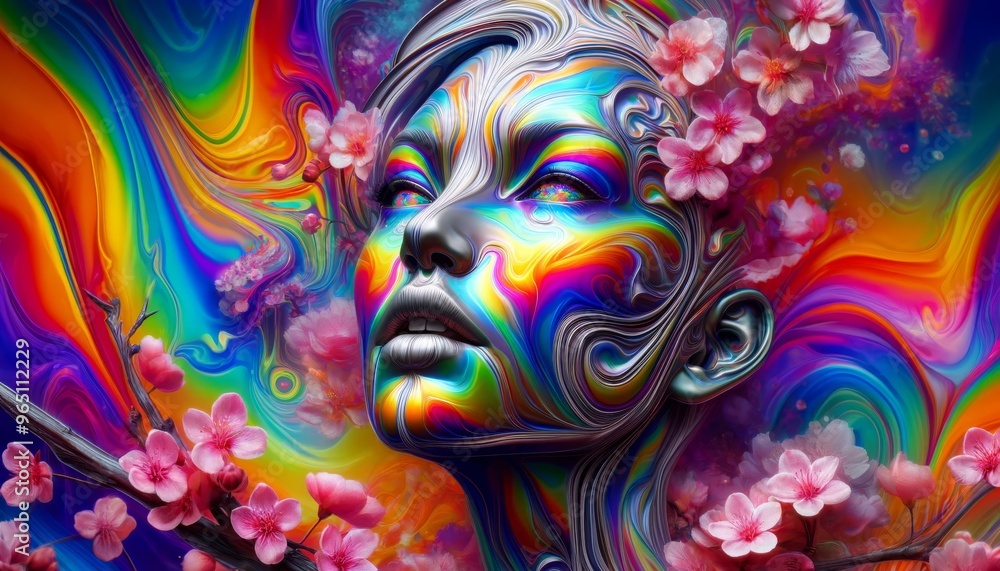 Fototapeta A detailed, close-up image of a woman's face with iridescent, rainbow-colored skin, surrounded by cherry blossoms.