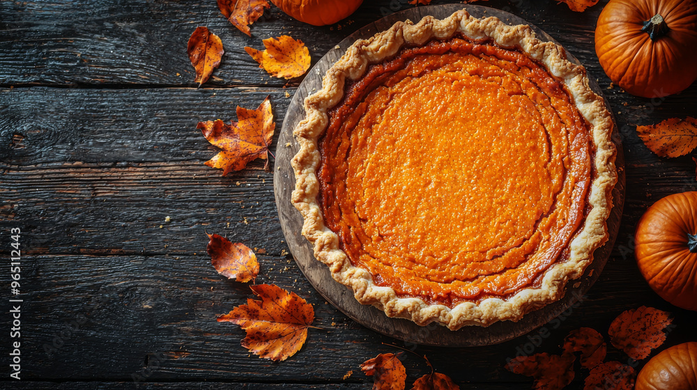 Pumpkin pie on rustic wood with fall leaves. Pumpkin pie on rustic wood with fall leaves.