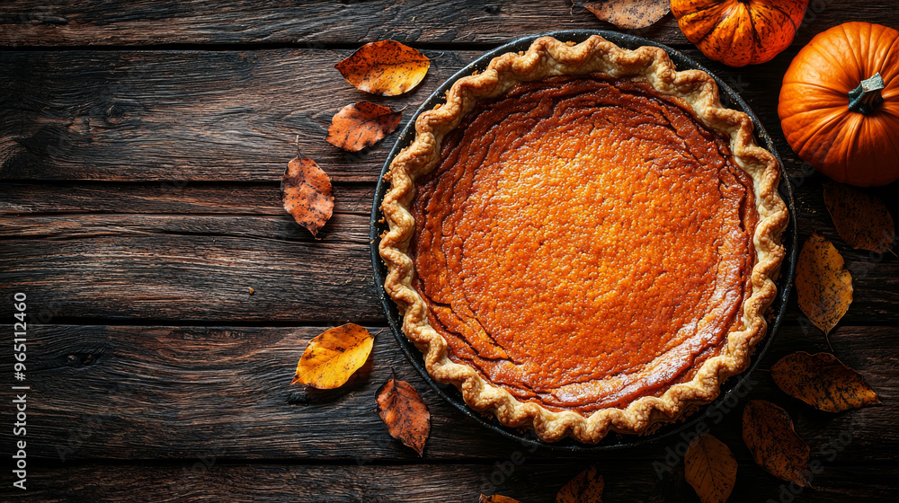 A whole pumpkin pie with fall leaves. A whole pumpkin pie with fall leaves.