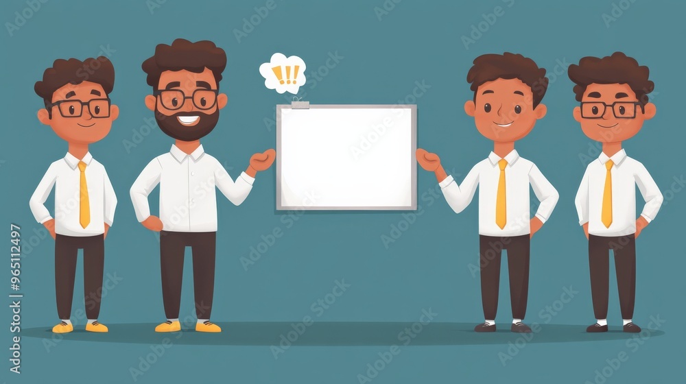 Businessman Presenting Blank White Board: A diverse group of cartoon businessmen hold up a blank whiteboard, ready for your message. This whimsical image is perfect for presentations, social media, or Businessman Presenting Blank White Board: A diverse group of cartoon businessmen hold up a blank whiteboard, ready for your message. This whimsical image is perfect for presentations, social media, or